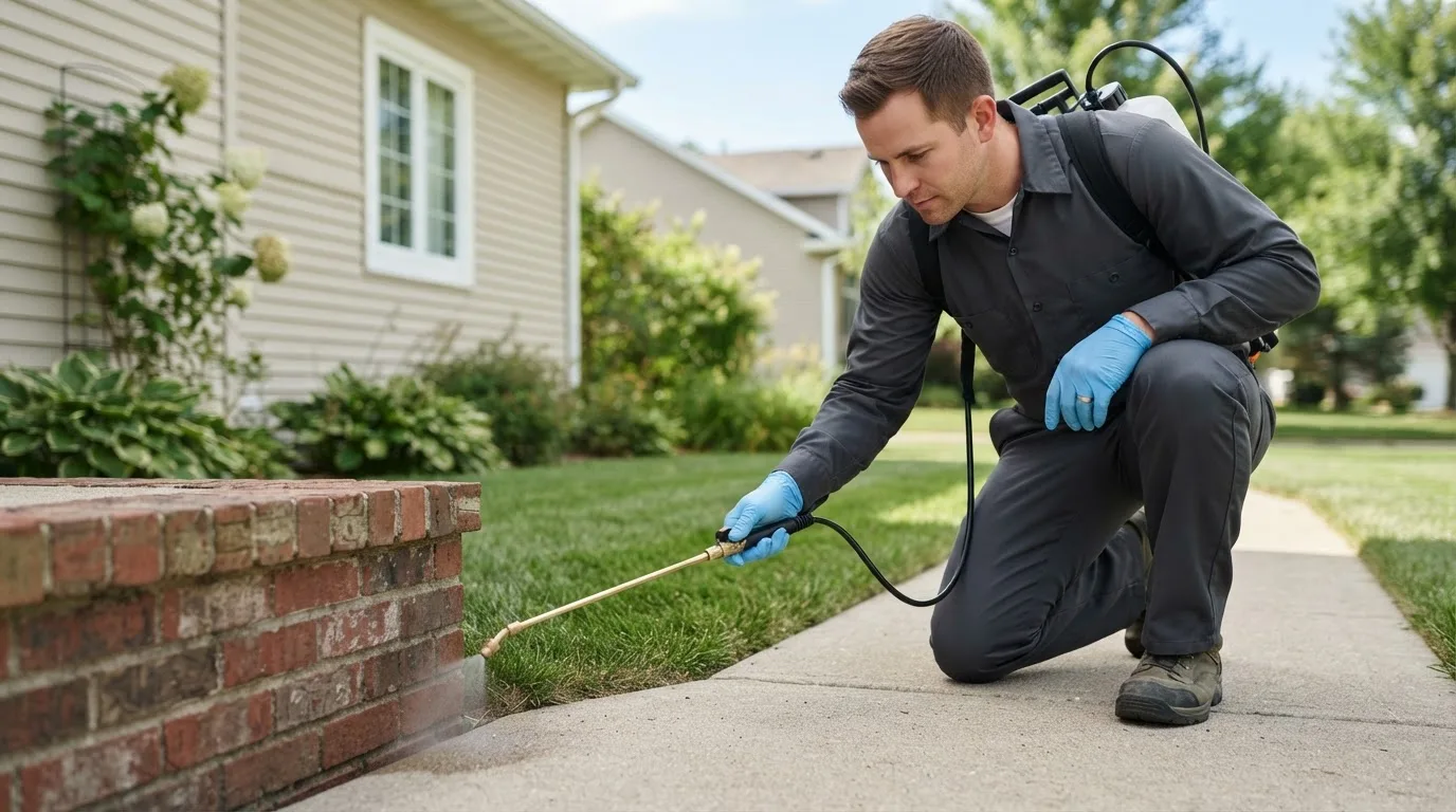 Pest control technician treating a home near Manton, MI